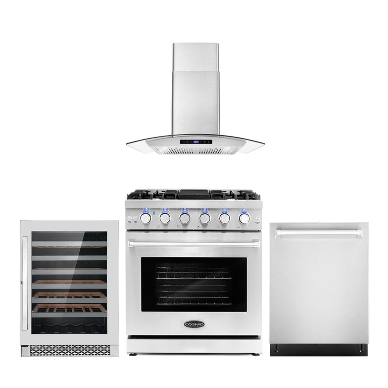 Cosmo Package - 30" Gas Range, Wall Mount Range Hood, Dishwasher and Wine Cooler, COS-4PKG-098