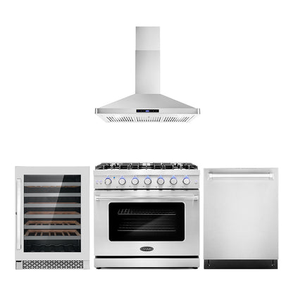 Cosmo Package - 36" Gas Range, Wall Mount Range Hood, Dishwasher and Wine Cooler, COS-4PKG-113