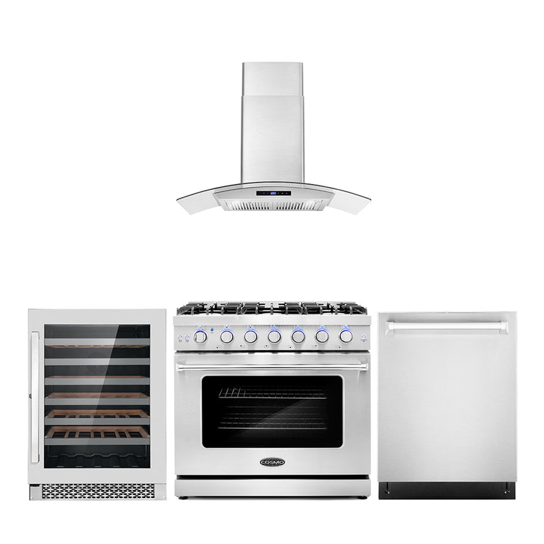 Cosmo Package - 36" Gas Range, Wall Mount Range Hood, Dishwasher and Wine Cooler, COS-4PKG-115
