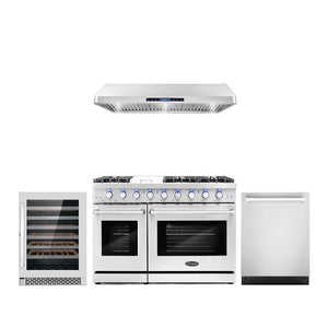 Cosmo Package - 48" Gas Range, Under Cabinet Range Hood, Dishwasher and Wine Cooler, COS-4PKG-123