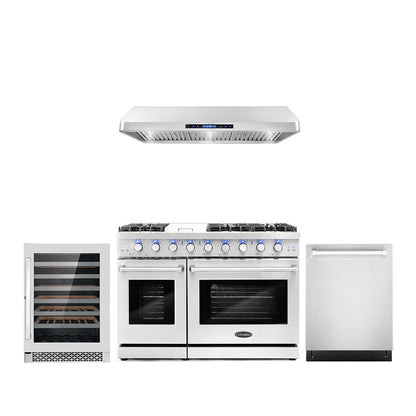 Cosmo Package - 48" Gas Range, Under Cabinet Range Hood, Dishwasher and Wine Cooler, COS-4PKG-123