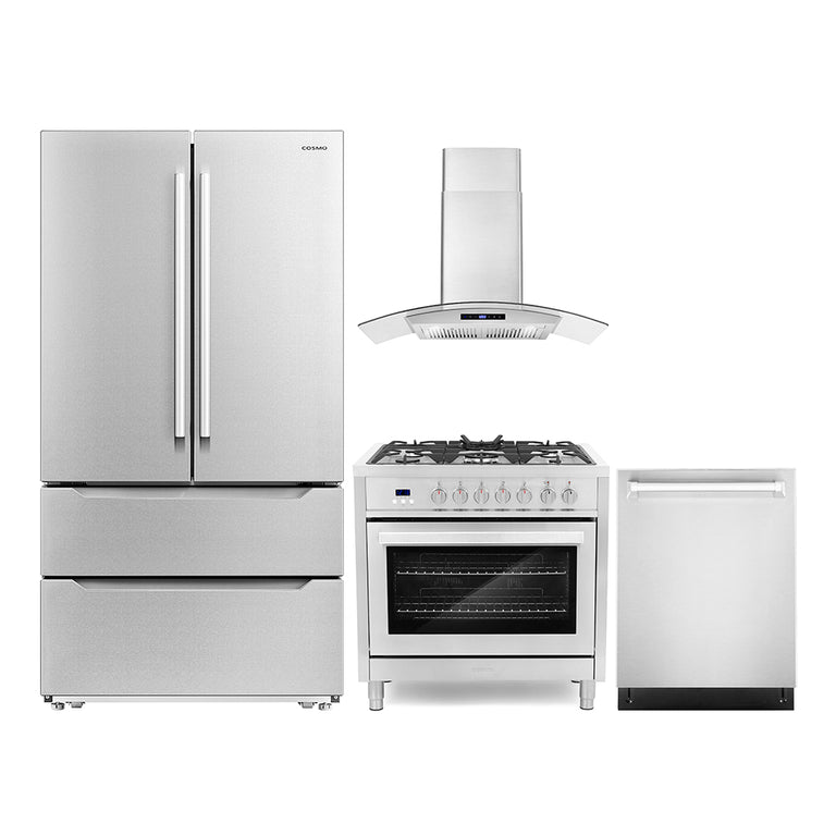 Cosmo Package - 36" Dual Fuel Range, Wall Mount Range Hood, Refrigerator with Ice Maker and Dishwasher, COS-4PKG-224
