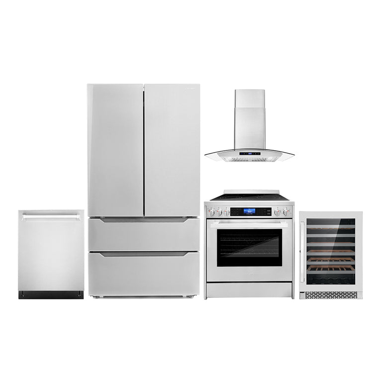 Cosmo Package - 30" Electric Range, Wall Mount Range Hood, Dishwasher, Refrigerator with Ice Maker and Wine Cooler, COS-5PKG-022