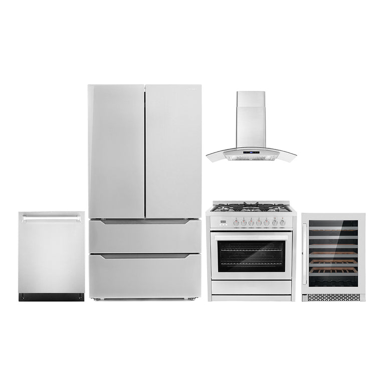 Cosmo Package - 36" Dual Fuel Range, Wall Mount Range Hood, Dishwasher, Refrigerator with Ice Maker and Wine Cooler, COS-5PKG-064