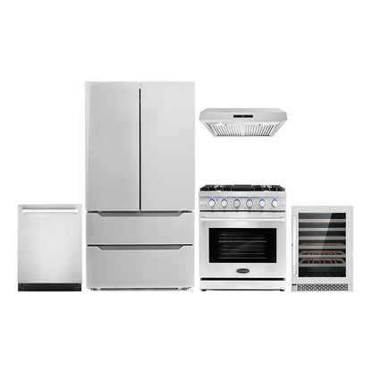 Cosmo Package - 30" Gas Range, Under Cabinet Range Hood, Dishwasher, Refrigerator with Ice Maker and Wine Cooler, COS-5PKG-094