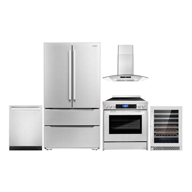 Cosmo Package - 30" Electric Range, Wall Mount Range Hood, Dishwasher, Refrigerator with Ice Maker and Wine Cooler, COS-5PKG-140