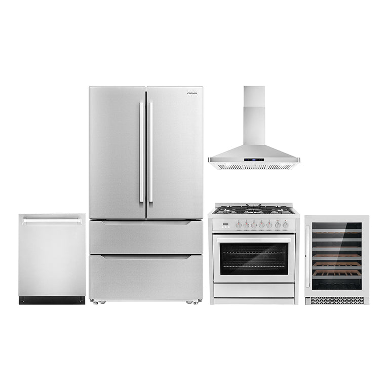 Cosmo Package - 36" Dual Fuel Range, Wall Mount Range Hood, Dishwasher, Refrigerator with Ice Maker and Wine Cooler, COS-5PKG-181