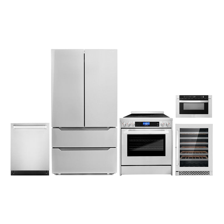 Cosmo Package - 30" Electric Range, Dishwasher, Refrigerator with Ice Maker, Wine Cooler and Microwave, COS-5PKG-238