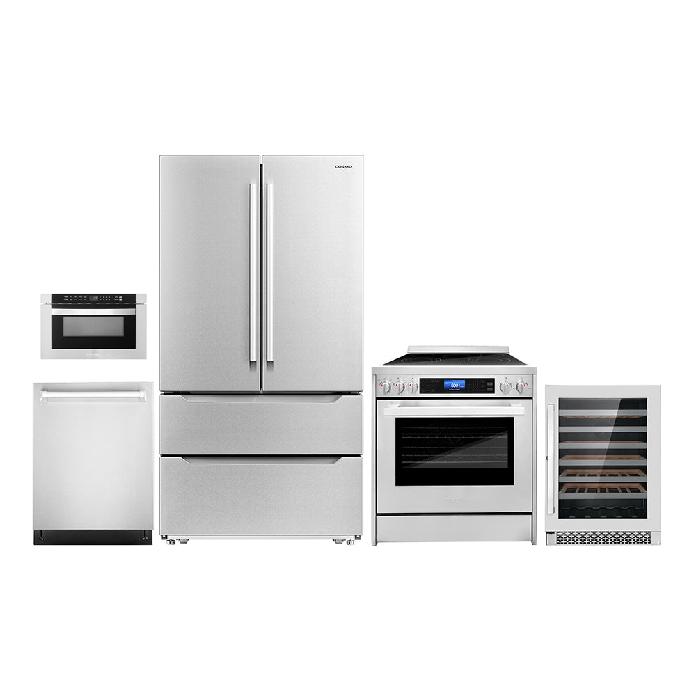 Cosmo Package - 30" Electric Range, Dishwasher, Refrigerator with Ice Maker, Wine Cooler and Microwave, COS-5PKG-266