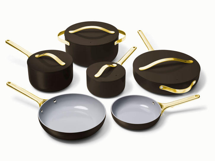 Caraway Deluxe Cookware Set in Black with Gold Handles