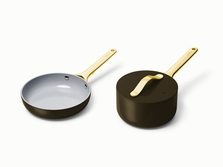 Caraway Deluxe Cookware Set in Black with Gold Handles