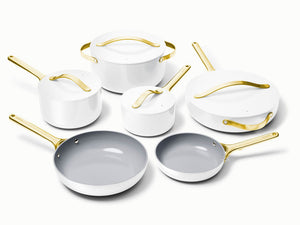 Caraway Deluxe Cookware Set in White with Gold Handles