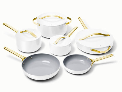 Caraway Deluxe Cookware Set in White with Gold Handles