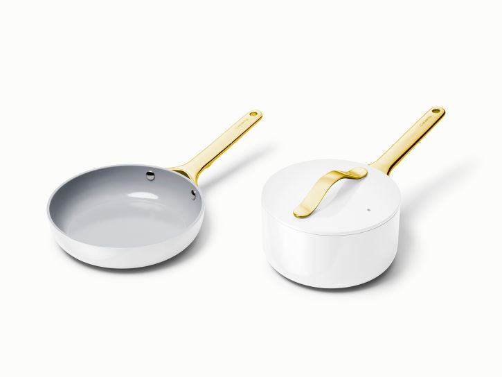 Caraway Deluxe Cookware Set in White with Gold Handles