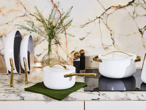 Caraway Deluxe Cookware Set in White with Gold Handles