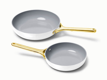 Caraway Fry Pan Duo in White with Gold Handles
