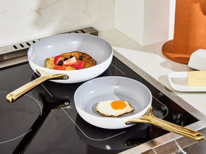 Caraway Fry Pan Duo in White with Gold Handles