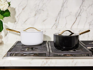 Caraway Sauce Pan in White with Gold Handle