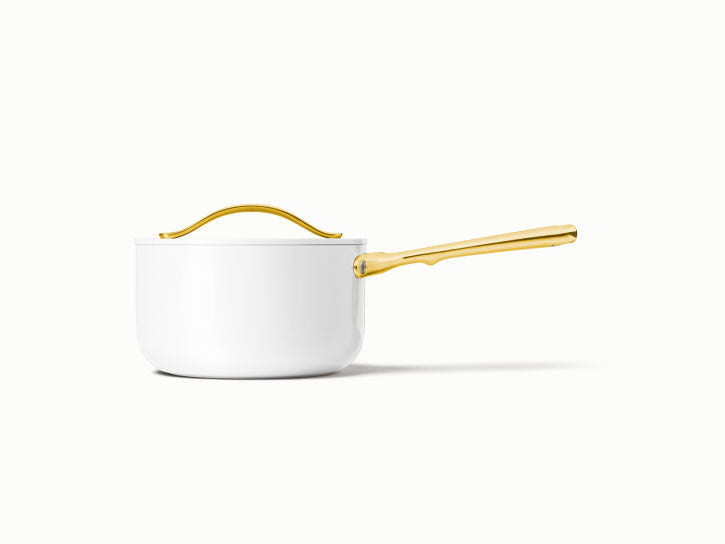 Caraway Sauce Pan in White with Gold Handle