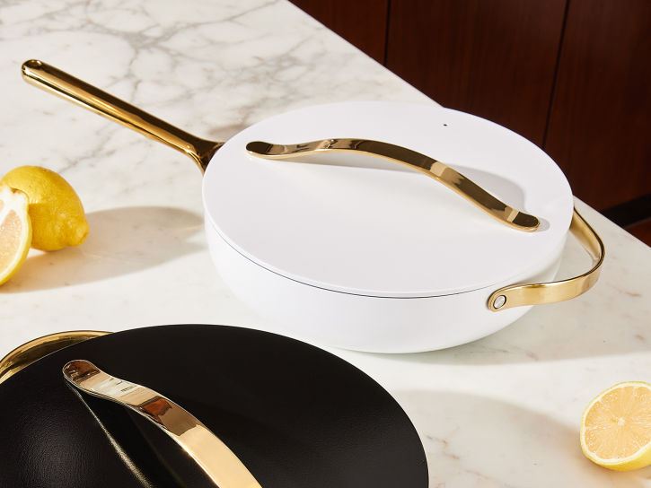 Caraway Sauté Pan in White with Gold Handle