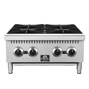 FORNO Commerciale 24" Gas Hot Plate, 4 Burners (100,000 BTU) with Cast Iron Grates and 430 Stainless Steel Body, FCMHP0079-24