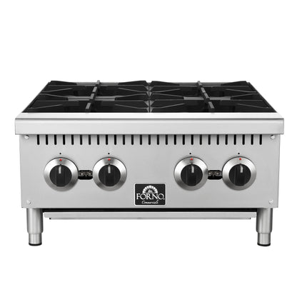 FORNO Commerciale 24" Gas Hot Plate, 4 Burners (100,000 BTU) with Cast Iron Grates and 430 Stainless Steel Body, FCMHP0079-24