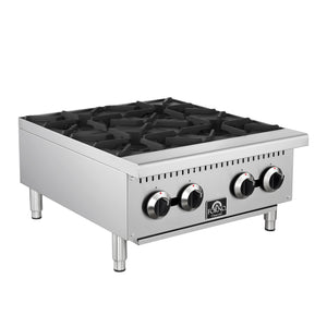 FORNO Commerciale 24" Gas Hot Plate, 4 Burners (100,000 BTU) with Cast Iron Grates and 430 Stainless Steel Body, FCMHP0079-24