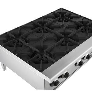 FORNO Commercial 36" Gas Hot Plate, 6 Burners (150,000 BTU) with Cast Iron Grates and 430 Stainless Steel Body, FCMHP0079-36