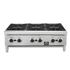 FORNO Commercial 36" Gas Hot Plate, 6 Burners (150,000 BTU) with Cast Iron Grates and 430 Stainless Steel Body, FCMHP0079-36