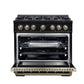 FORNO Ambassador Valente 36" 5.2 cu. ft. Dual Fuel Range, 6 Sealed Burners, Convection Oven in Black with Antique Brass Accents and Copper Rivet Trim, FFSGS6199-36CPBLK