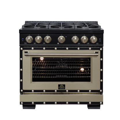 FORNO Ambassador Valente 36" 5.2 cu. ft. Dual Fuel Range, 6 Sealed Burners, Convection Oven in Black with Antique Brass Accents and Copper Rivet Trim, FFSGS6199-36CPBLK
