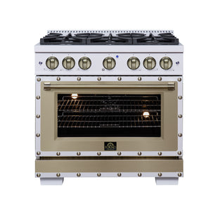 FORNO Ambassador Valente 36" 5.2 cu. ft. Dual Fuel Range, 6 Sealed Burners, Convection Oven in White with Antique Brass Accents and Copper Rivet Trim, FFSGS6199-36CPWHT