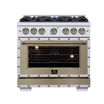 FORNO Ambassador 36" Dual Fuel Range in White with Antique Brass Accents and Copper Rivet Trim, FFSGS6199-36CPWHT
