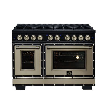 FORNO Ambassador Valente 48" 6.7 cu. ft. Dual Fuel Range, 8 Sealed Burners, Convection Oven in Black with Antique Brass Accents and Copper Rivet Trim, FFSGS6199-48CPBLK