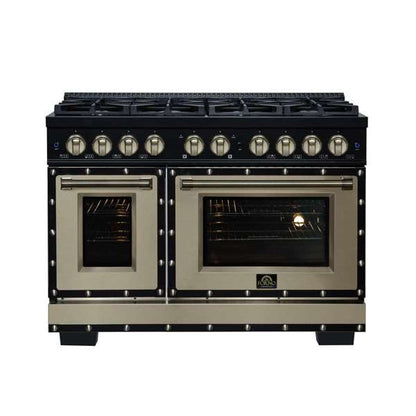 FORNO Ambassador Valente 48" 6.7 cu. ft. Dual Fuel Range, 8 Sealed Burners, Convection Oven in Black with Antique Brass Accents and Copper Rivet Trim, FFSGS6199-48CPBLK