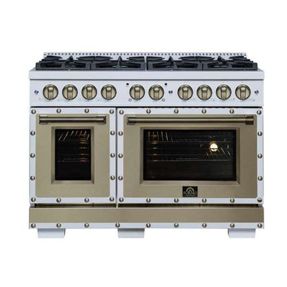 FORNO Ambassador Valente 48" 6.7 cu. ft. Dual Fuel Range, 8 Sealed Burners, Convection Oven in White with Antique Brass Accents and Copper Rivet Trim, FFSGS6199-48CPWHT