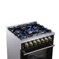 FORNO Massimo 30" 4.32 cu. ft. Freestanding Dual Fuel Range with 5 Sealed Burners, Air Fryer Kit, Wok Support & Griddle in Black with Antique Brass Accents, FFSGS6125-30BLK