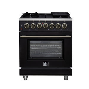 FORNO Massimo 30" 4.32 cu. ft. Freestanding Dual Fuel Range with 5 Sealed Burners, Air Fryer Kit, Wok Support & Griddle in Black with Antique Brass Accents, FFSGS6125-30BLK