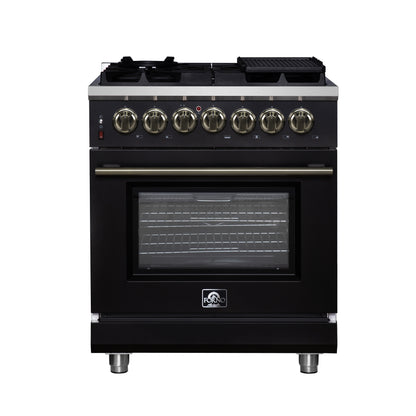 FORNO Massimo 30" 4.32 cu. ft. Freestanding Dual Fuel Range with 5 Sealed Burners, Air Fryer Kit, Wok Support & Griddle in Black with Antique Brass Accents, FFSGS6125-30BLK