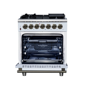 FORNO Massimo 30" 4.32 cu. ft. Freestanding Dual Fuel Range with 5 Sealed Burners, Air Fryer Kit, Wok Support & Griddle in White with Antique Brass Accents, FFSGS6125-30WHT