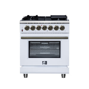 FORNO Massimo 30" 4.32 cu. ft. Freestanding Dual Fuel Range with 5 Sealed Burners, Air Fryer Kit, Wok Support & Griddle in White with Antique Brass Accents, FFSGS6125-30WHT