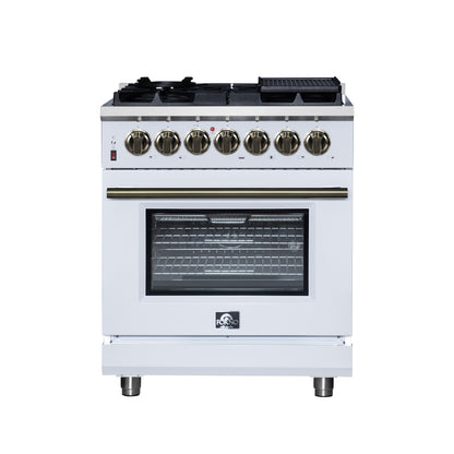 FORNO Massimo 30" 4.32 cu. ft. Freestanding Dual Fuel Range with 5 Sealed Burners, Air Fryer Kit, Wok Support & Griddle in White with Antique Brass Accents, FFSGS6125-30WHT