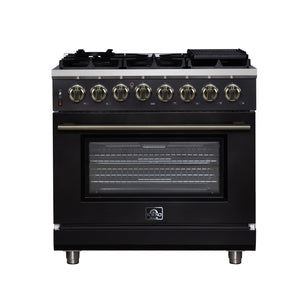 FORNO Massimo 36" 5.36 cu. ft. Freestanding Dual Fuel Range with 6 Sealed Burners, Air Fryer Kit, Wok Support & Griddle in White with Antique Brass Accents, FFSGS6125-36BLK