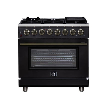 FORNO Massimo 36" 5.36 cu. ft. Freestanding Dual Fuel Range with 6 Sealed Burners, Air Fryer Kit, Wok Support & Griddle in White with Antique Brass Accents, FFSGS6125-36BLK