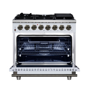 FORNO Massimo 36" 5.36 cu. ft. Freestanding Dual Fuel Range with 6 Sealed Burners, Air Fryer Kit, Wok Support & Griddle in Black with Antique Brass Accents, FFSGS6125-36WHT