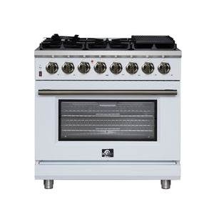 FORNO Massimo 36" 5.36 cu. ft. Freestanding Dual Fuel Range with 6 Sealed Burners, Air Fryer Kit, Wok Support & Griddle in Black with Antique Brass Accents, FFSGS6125-36WHT