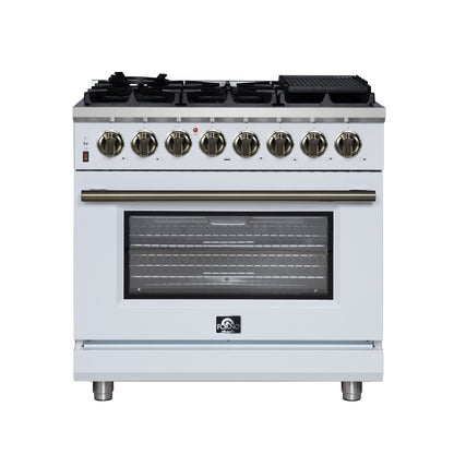 FORNO Massimo 36" 5.36 cu. ft. Freestanding Dual Fuel Range with 6 Sealed Burners, Air Fryer Kit, Wok Support & Griddle in Black with Antique Brass Accents, FFSGS6125-36WHT