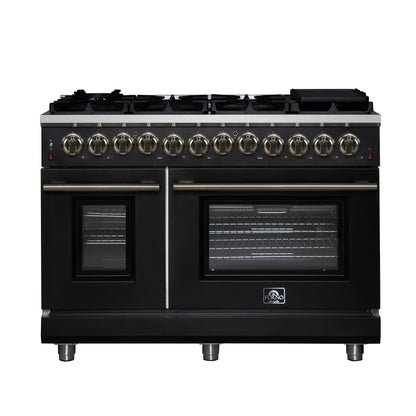 FORNO Massimo 48" 6.58 cu. ft. Freestanding Dual Fuel Range with 8 Sealed Burners, Air Fryer Kit, Wok Support & Griddle in Black with Antique Brass Accents, FFSGS6125-48BLK