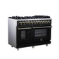 FORNO Massimo 48" 6.58 cu. ft. Freestanding Dual Fuel Range with 8 Sealed Burners, Air Fryer Kit, Wok Support & Griddle in Black with Antique Brass Accents, FFSGS6125-48BLK