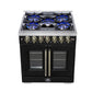 FORNO Capriasca 30" 4.32 cu. ft. French Door Dual Fuel Range with 5 Brass Burners, Air Fryer Kit, Rotisserie Kit, Wok Support & Griddle in Black with Antique Brass Accents, FFSGS6387-30BLK